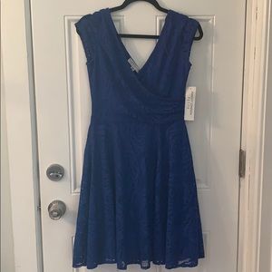 Maggy London blue lace wrap detail dress